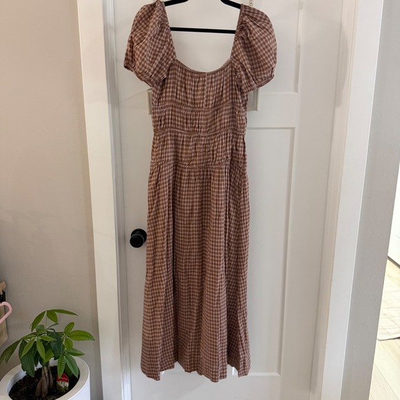 Reformation Rhett Gingham Midi Dress Brown Ivory Smocked Puff Sleeve Size 6 NEW - Picture 5 of 6